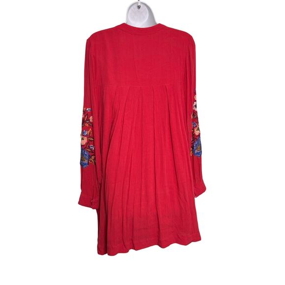 Free People Mia Red Floral Embroidered Gauze Long Sleeve Mini Swing Dress S - Picture 2 of 11